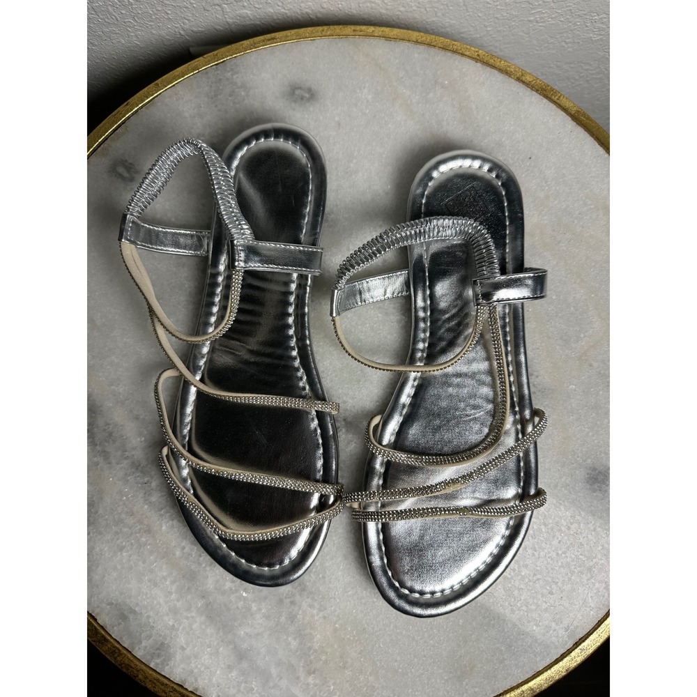 Silver Metallic Rhinestone Strappy Flat Sandals Women Sparkly Gladiator